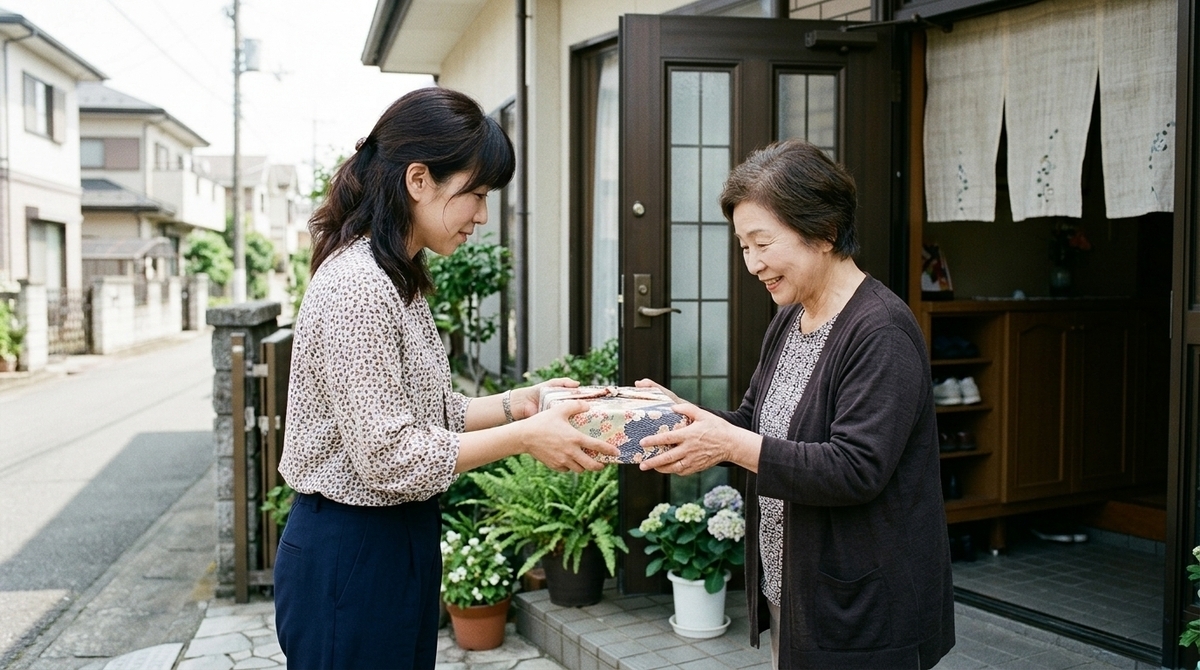 和柄の食品ギフトを玄関先で手渡す女性