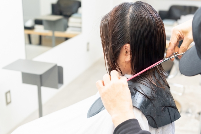 ヘアサロンで髪の毛をカットしてもらう若い女性