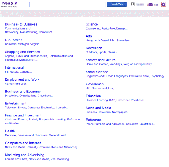 Yahoo! Directory が Yahoo! Small Business にかわっている