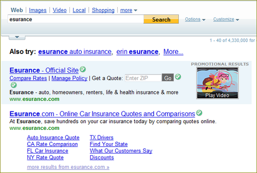 Rich Ads in Search, Esuranceの広告 検索ボックスがある