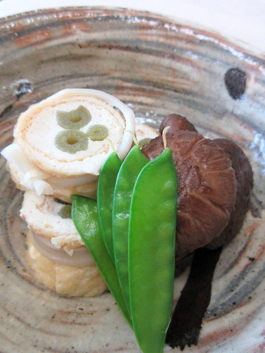 茶懐石講座5月実習・焚合せ・蕗篠田巻き・冬菇椎茸・絹さや - 茶懐石