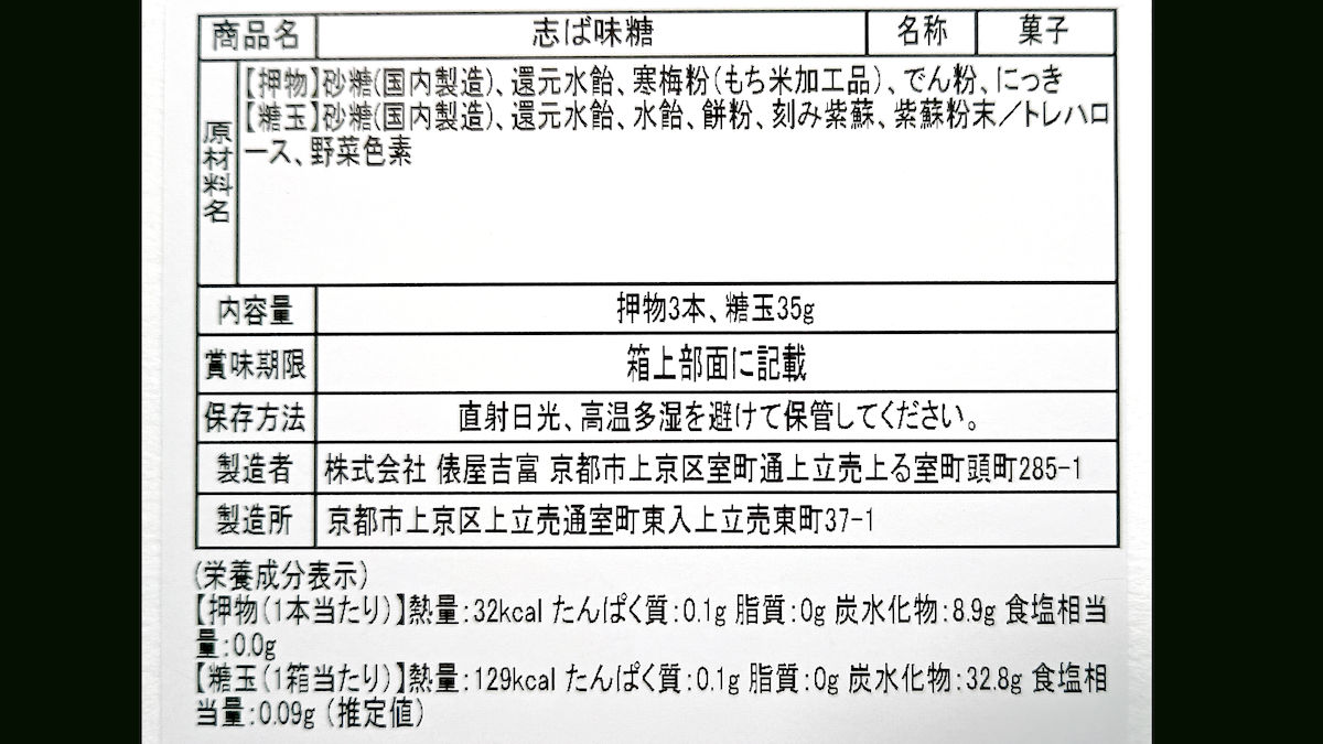 俵屋吉富 志ば味糖 原材料と成分