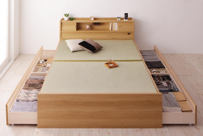 おしゃれな畳ベッド セミダブル 棚・照明・コンセント付き