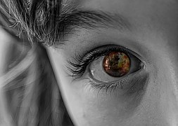 少女の右目周辺のアップの白黒写真だけれど瞳だけはカラーで赤い炎のようなものが映っている