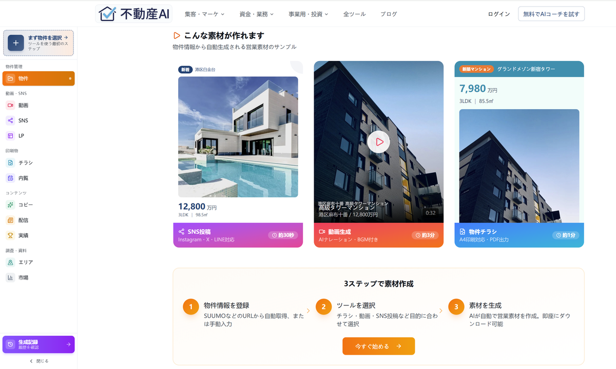 物件情報を一度入力するだけで、チラシ・動画・SNS投稿など複数の営業素材をワンクリックで生成。