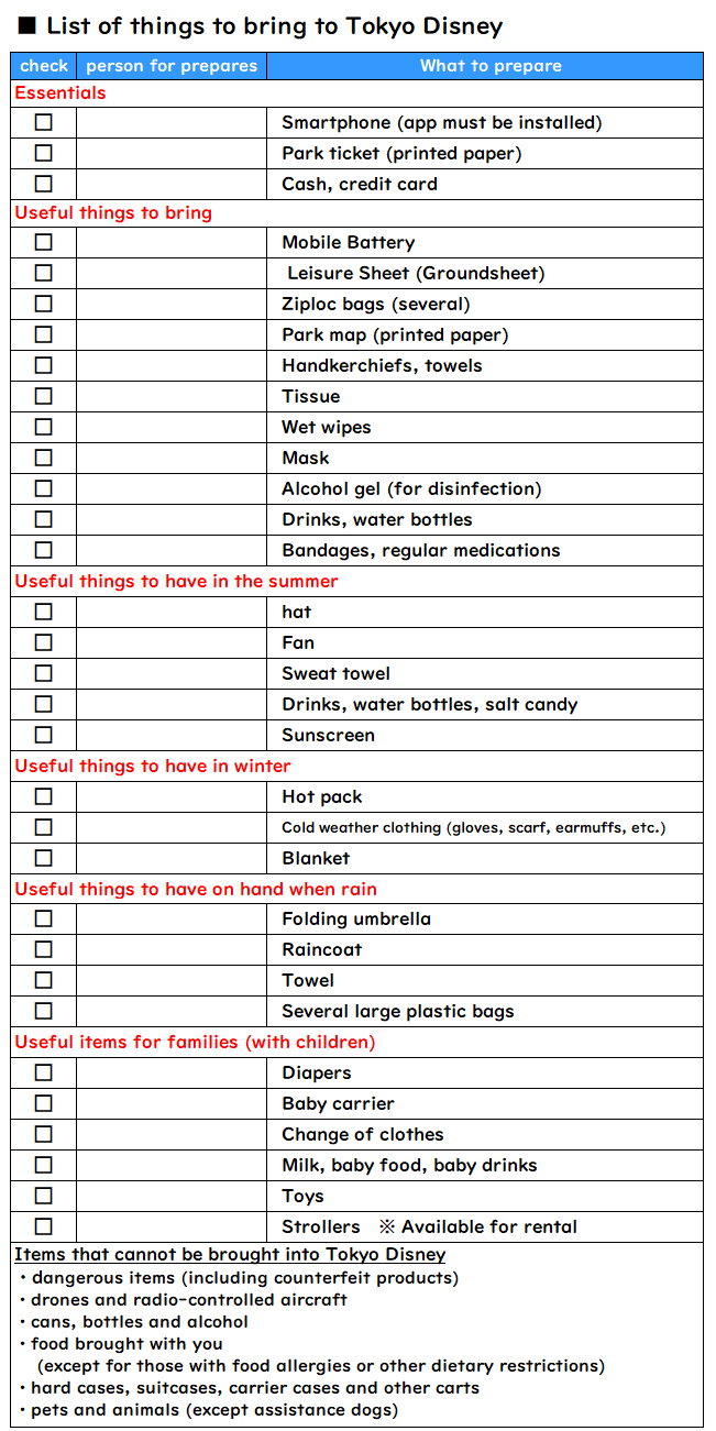 List of things to bring to Tokyo Disney (packing list)