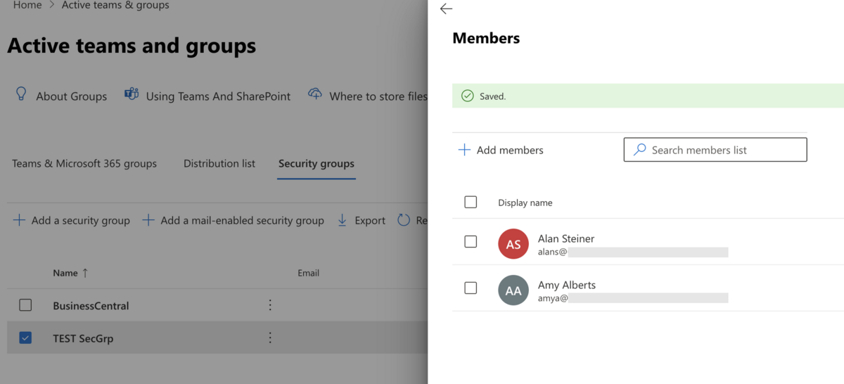 セキュリティグループにメンバーをアランとエイミーを登録
