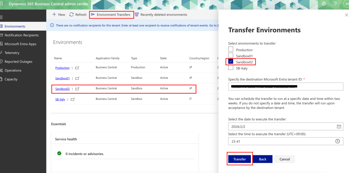 Environment transfer in Business Central admin center