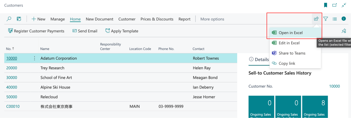 Select Open in Excel in Customers list on Business Central