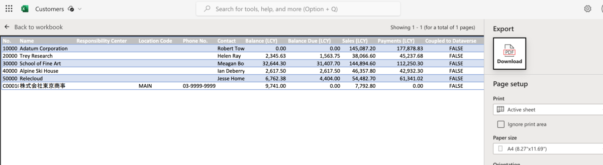 Excel OnlineからPDF出力されたCustomersリスト