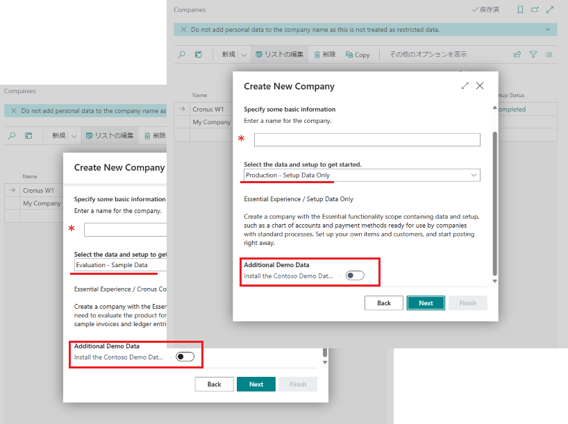 Create new evaluation company and production (set up data only) company