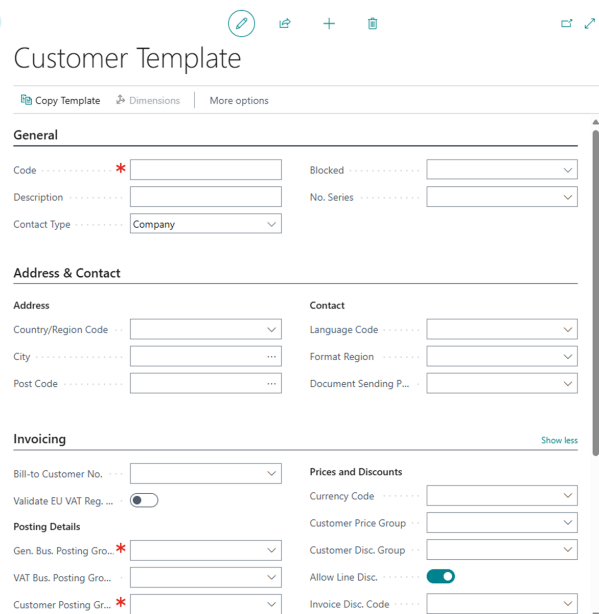 Customer Template on Business Central