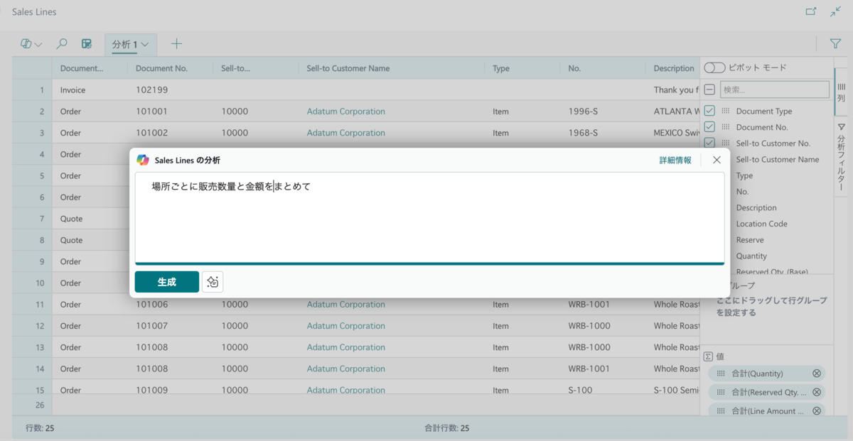 Sales LinesでAnalysis Modeを使って分析する