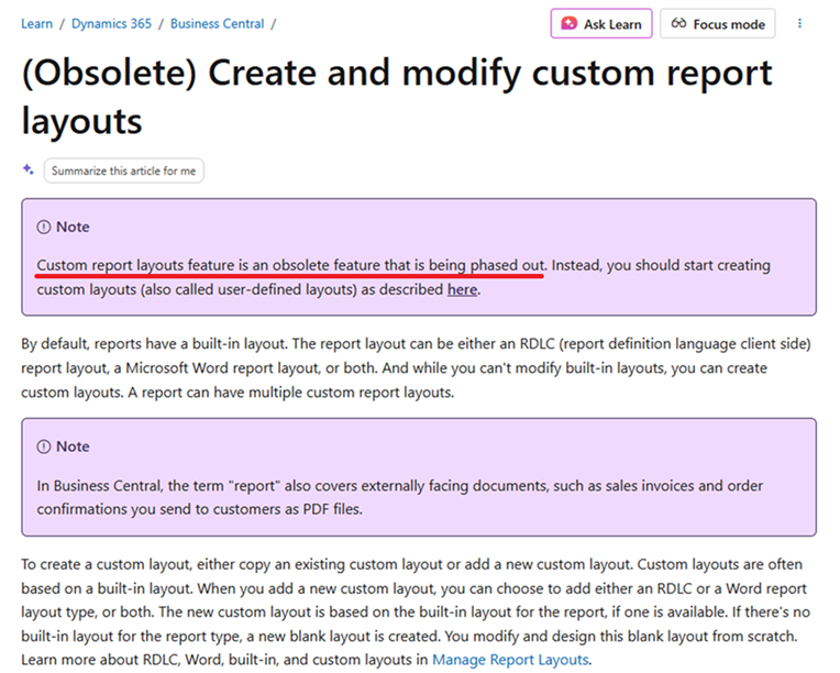 Custom report layouts feature は廃止される機能です