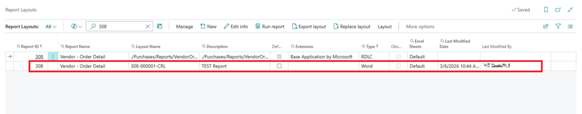 Custom Report LayoutsからReport Layoutsへ308 TEST Reportが移動している
