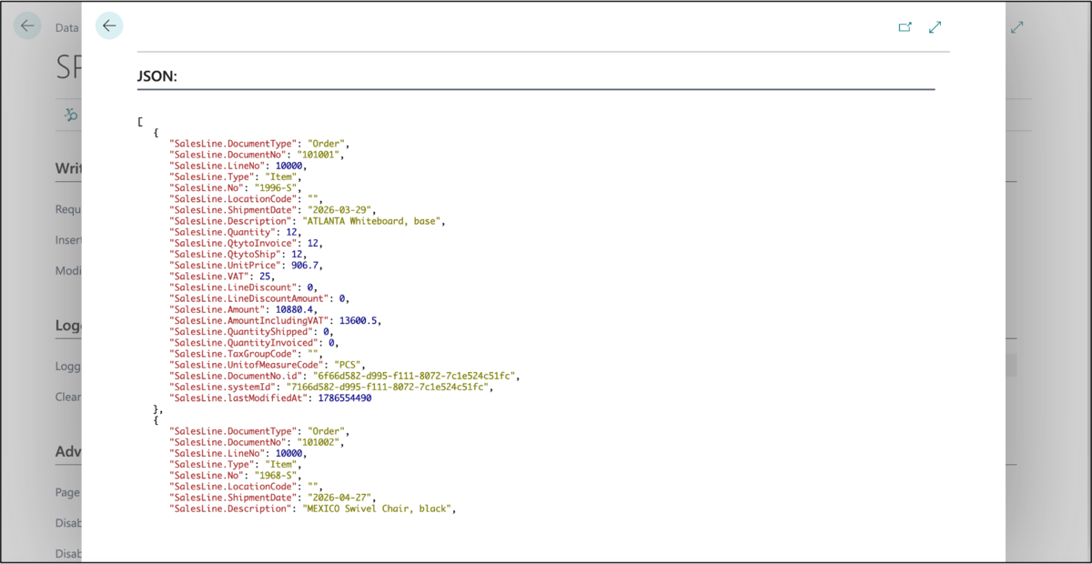 Data Braider の Sales Order Lines API 出力例