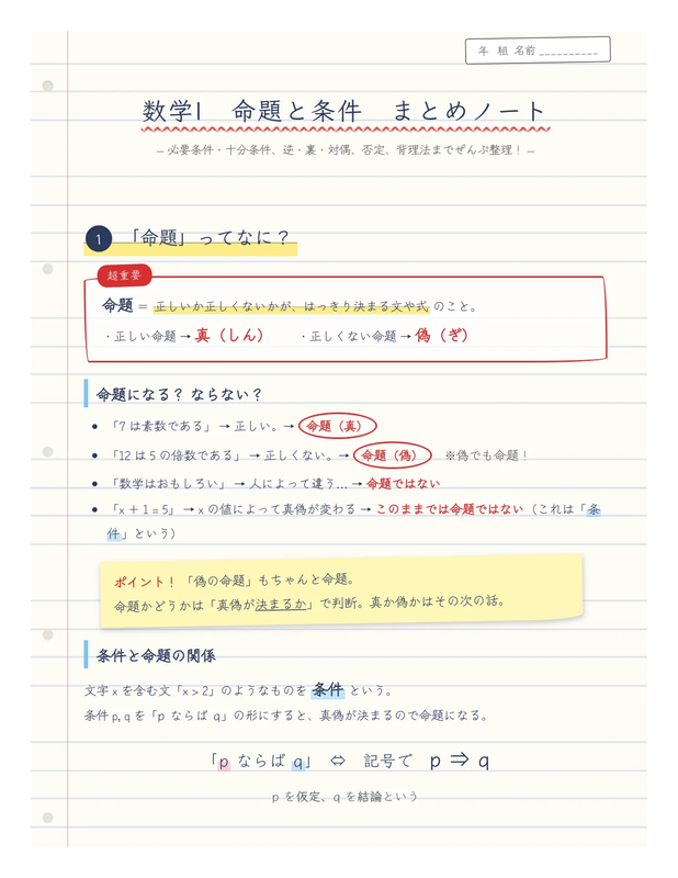 数学I「命題と条件」のまとめノート