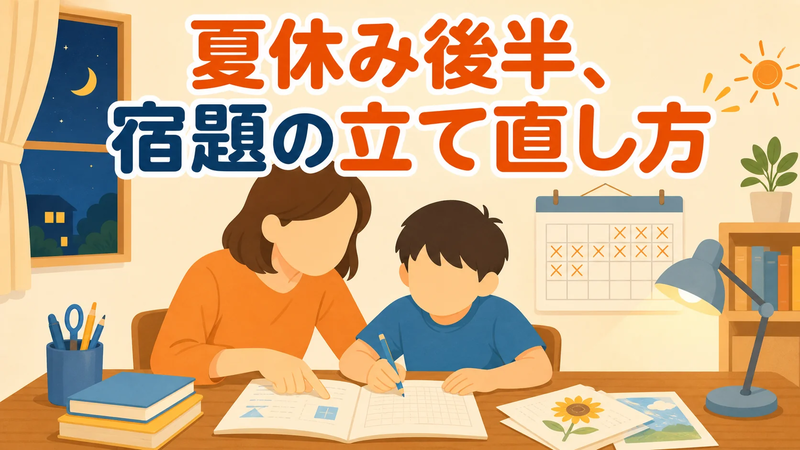 夏休み後半、宿題の立て直しをイメージしたイラスト