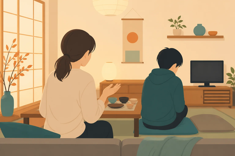 夕食後のリビング。面接練習の話題で気まずくなる親子