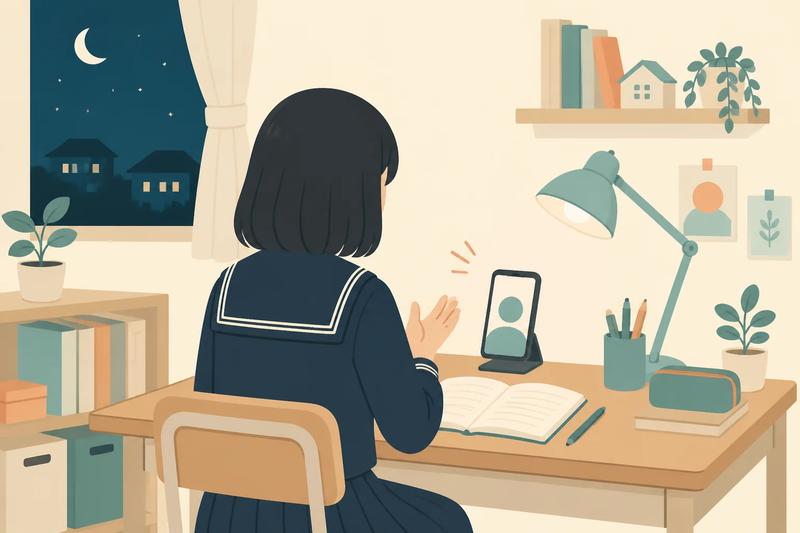 夜の勉強部屋で、スマホのAIを面接官役にして練習する中学生