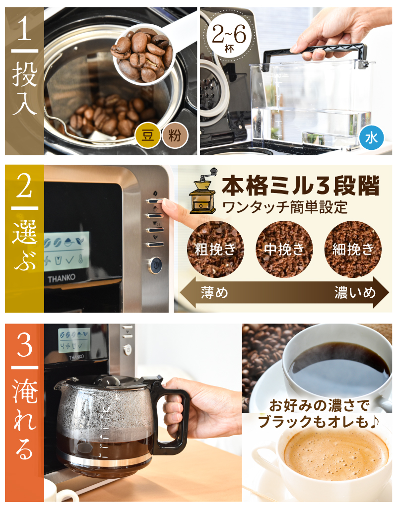 【新品】THANKO 全自動３段ミル付きコーヒーメーカー FLAMCMSWH Amazon | ミル付き 3段階 豆 2～6杯 保温機能付き THANKO 全自動
