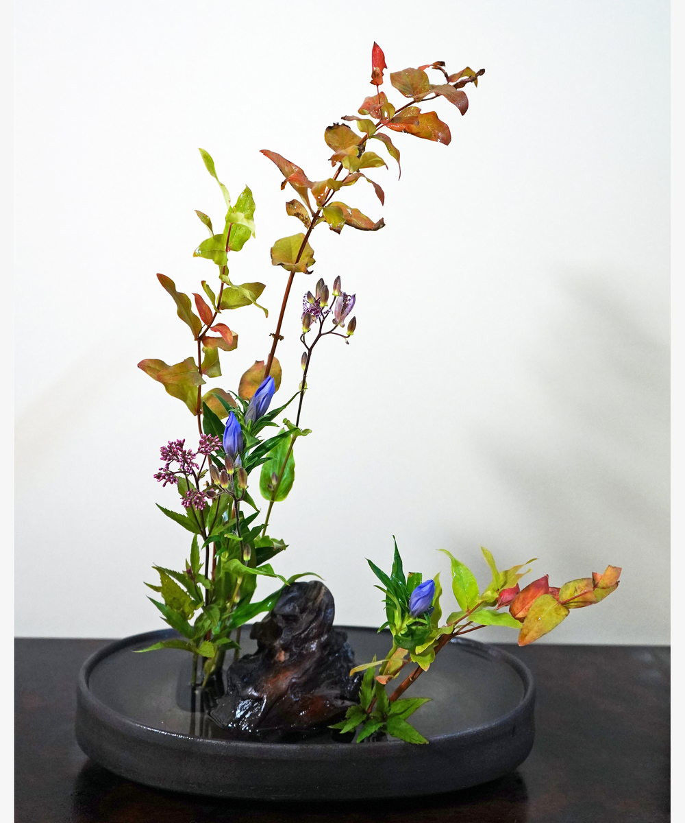 紅葉と秋草