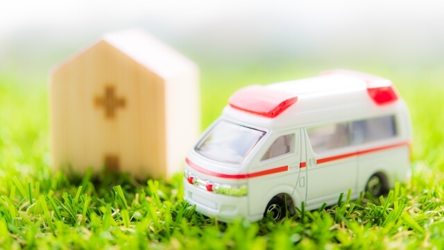 芝生の上に小さな家。その前に救急車が1台停まっている。