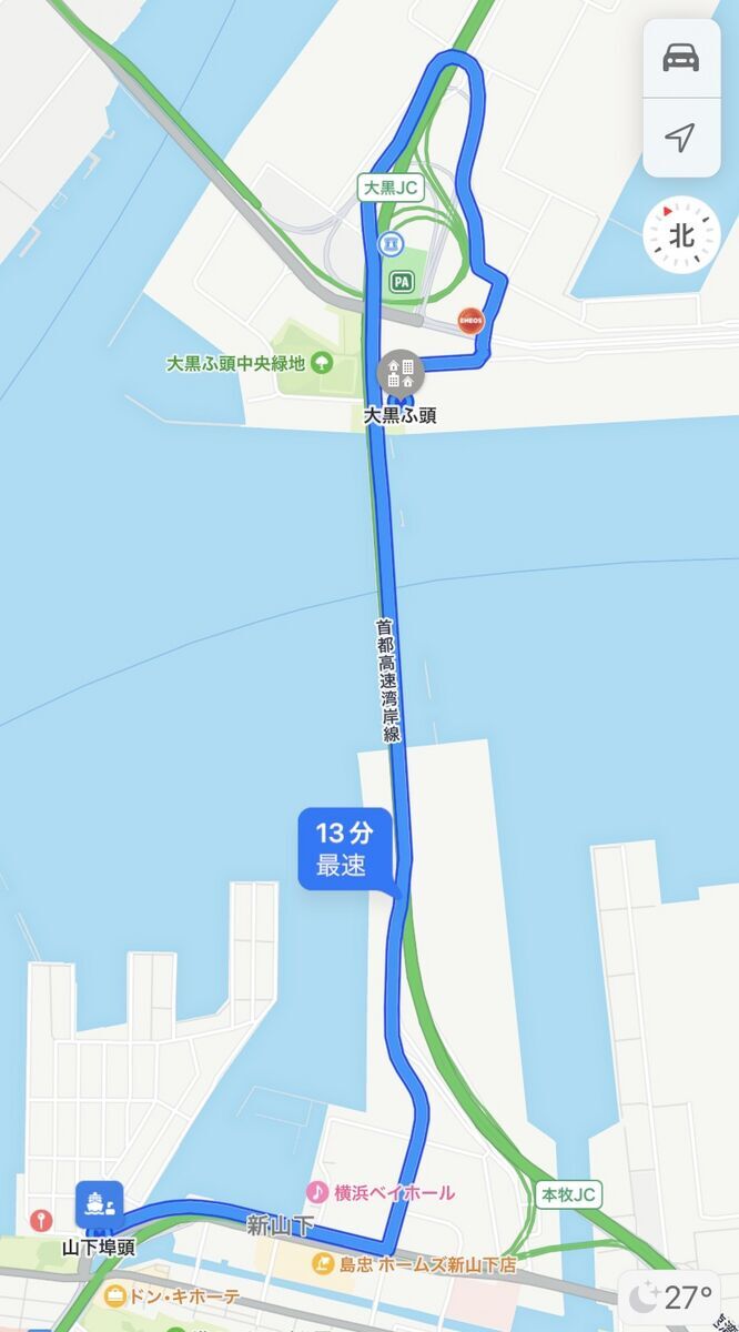 山下ふ頭から大黒ふ頭までのバス所要時間は15分