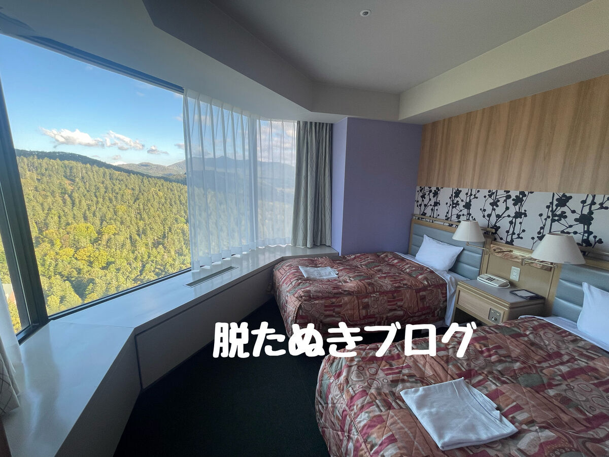 寝室内のツインベッド（195cm×97cm）と枕元のコンセント