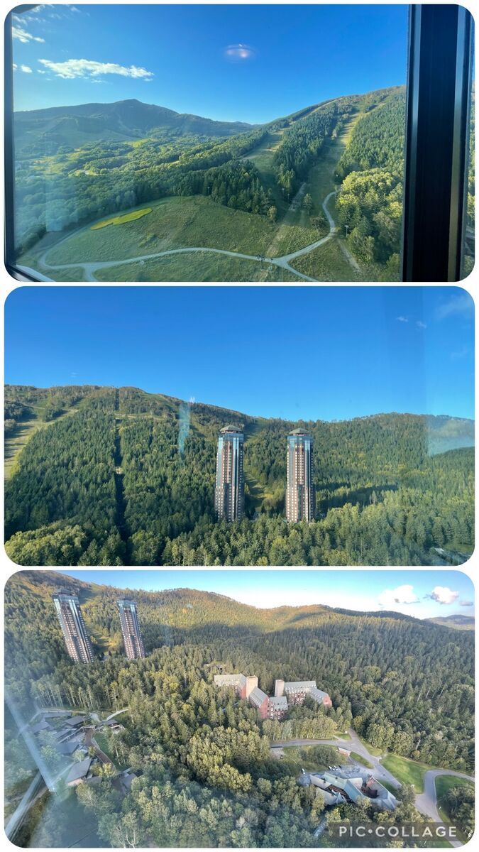客室32階からの景観、ゴンドラやスキー場、山々の広がる風景