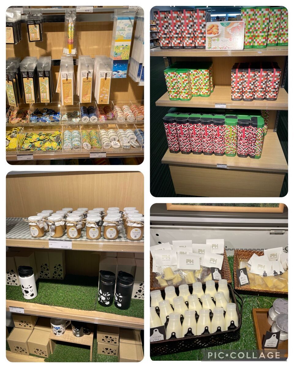 ショップ内に並ぶ北海道産乳製品（牛乳、チーズ、ヨーグルト）
