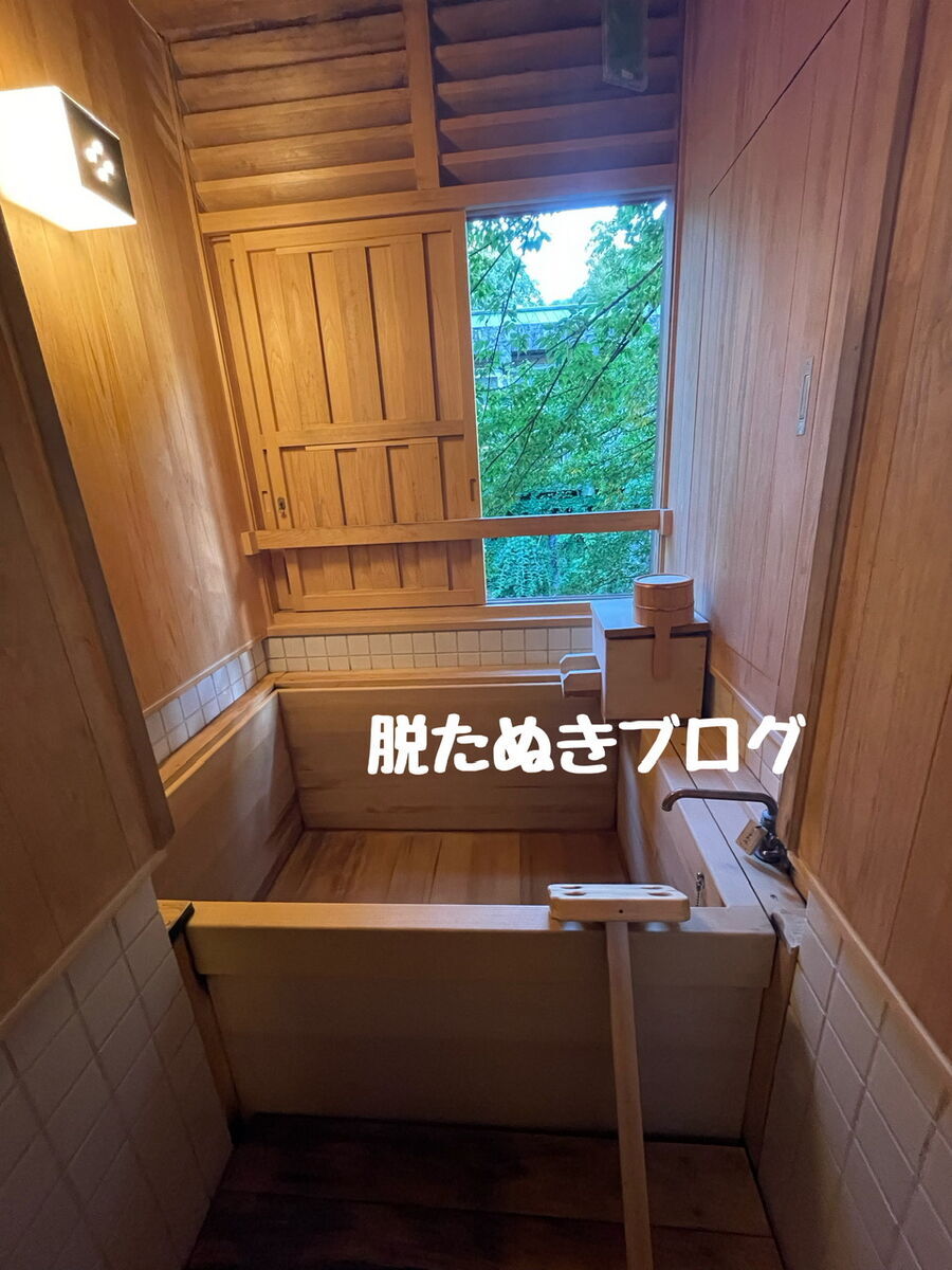 檜風呂の半露天風呂　温泉が出る