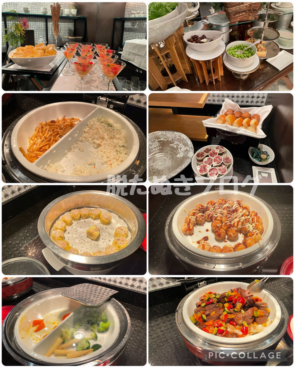 クラブラウンジで提供される牛肉やたこ焼きなどの夕食前オードブル