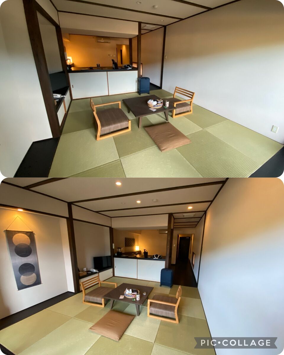 広々とした畳の居間が見える。落ち着いた和洋折衷のデザインで、床に広がる畳の上にソファとテーブルが置かれている。