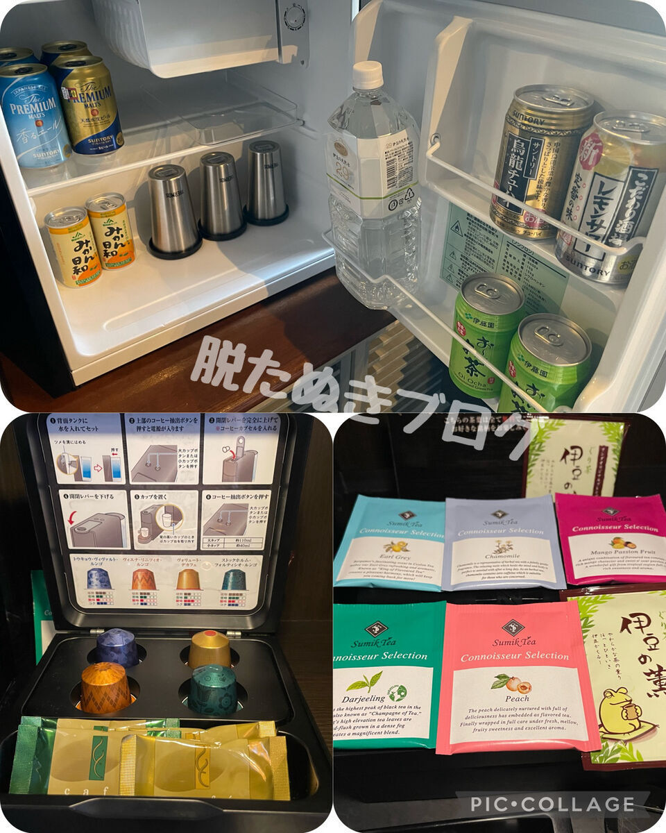 客室の冷蔵庫内に並んだ無料飲み物