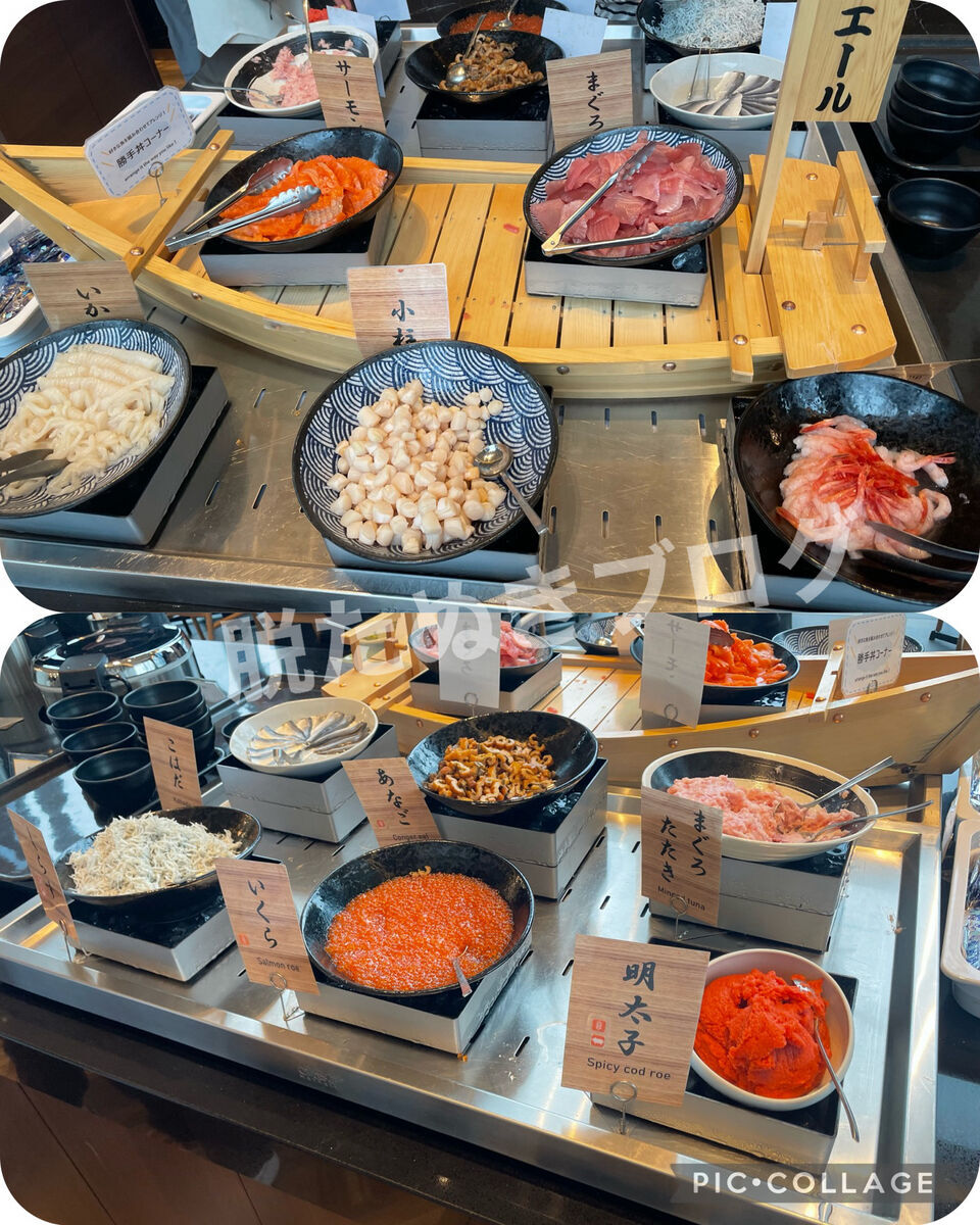 朝食ビュッフェの海鮮丼コーナー（イクラ・ねぎとろ・明太子など）