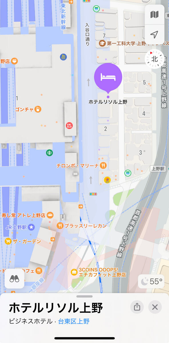 最寄りのコンビニやアメ横を示す地図