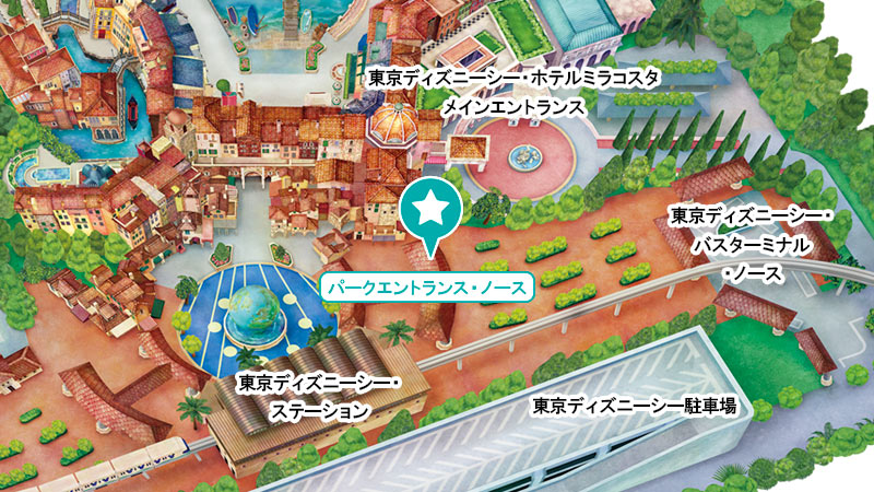 ホテルミラコスタ側のハッピーエントリー待機場所の地図