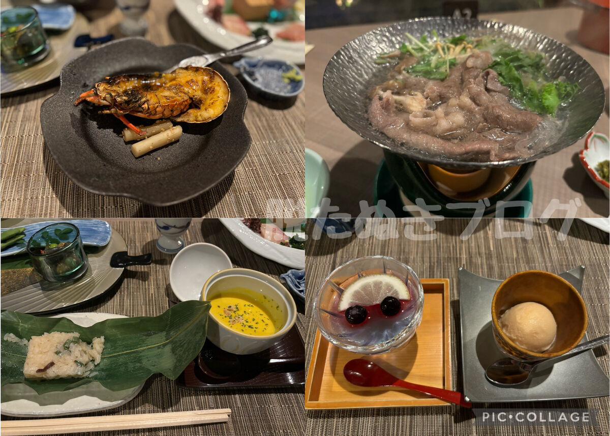 半身の伊勢海老の焼き、かぼちゃスープが美味しい