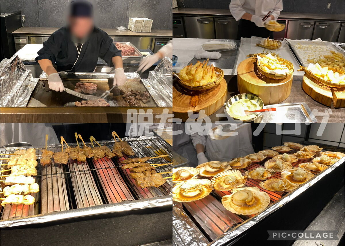 ライブキッチンではお肉やホタテ、天ぷらなど