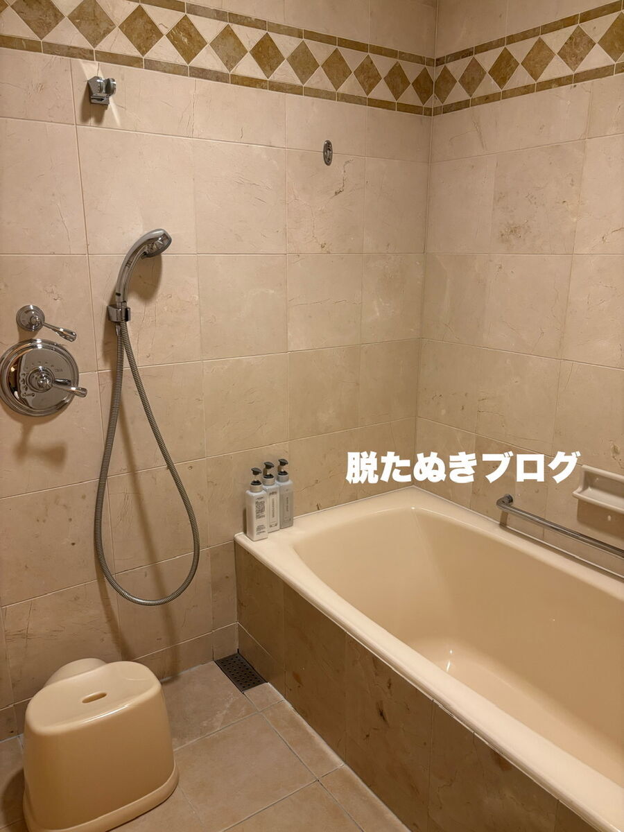 重厚感ある大理石のお風呂 洗い場付きで広い