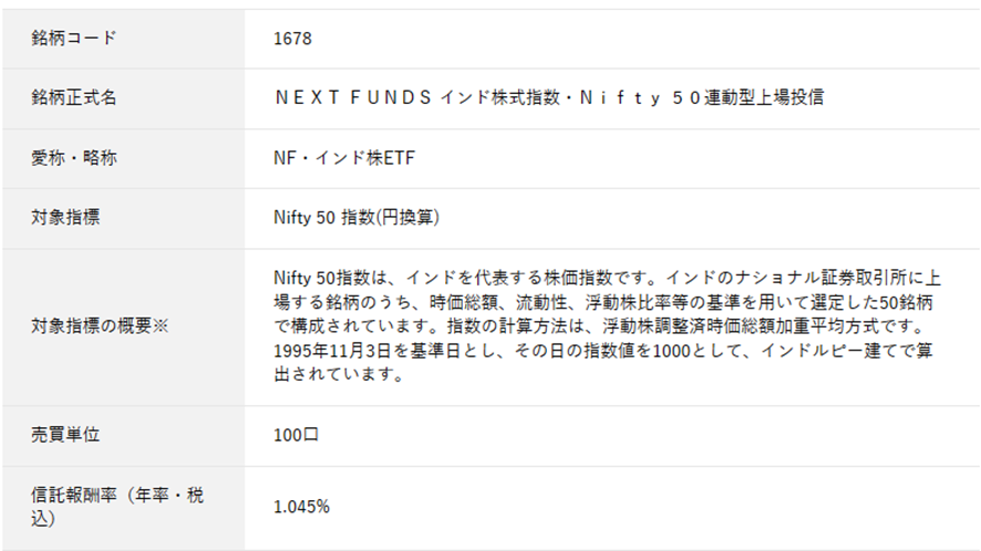 インド株式指数・Nifty 50連動型上場投信」【1678】