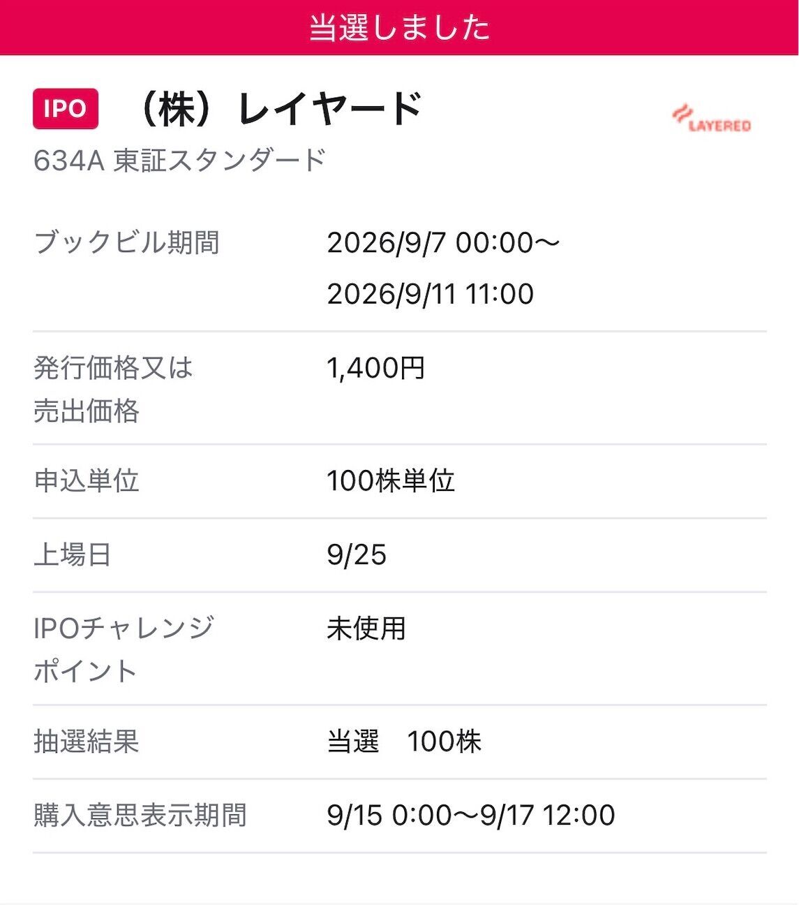 【IPO当選】レイヤード(634A)が上場。初値売りは公募価格の+59.3％で着地