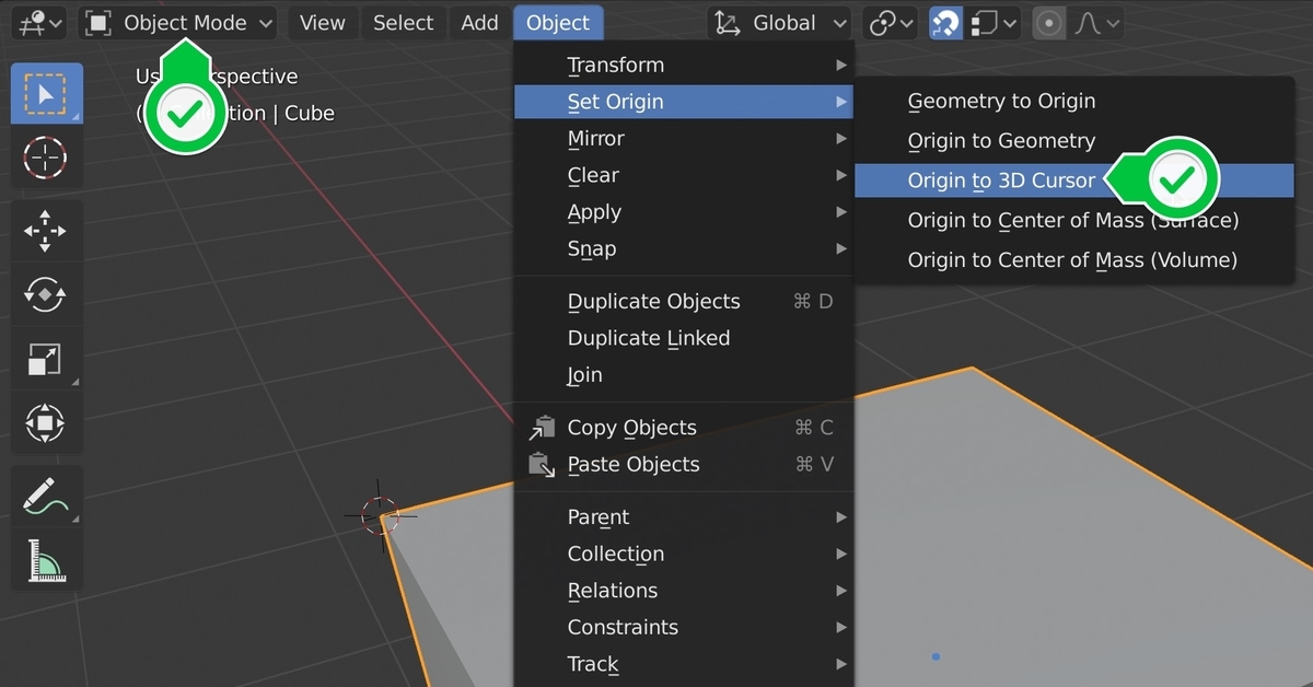 Objectモードに切り替え、ピボットポイント(Origin)を3Dカーソルに移動