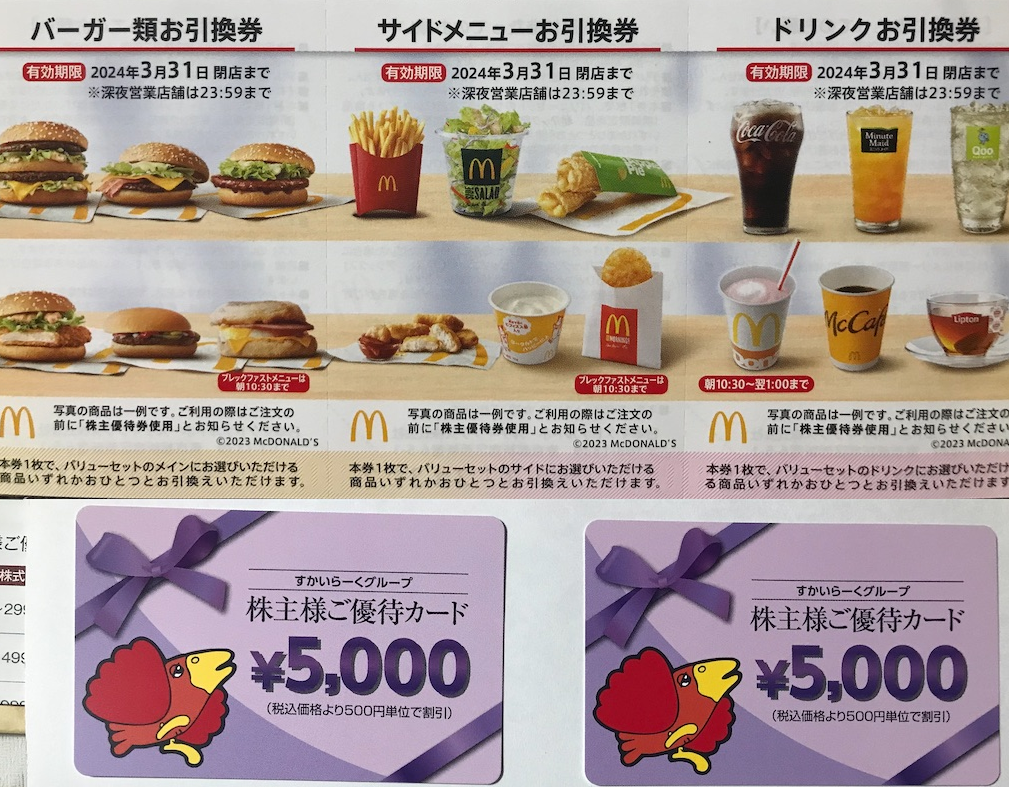 ■□最新版◆ネコポス送料込■マクドナルド・株主優待券 （バーガー・サイドメニュー・ドリンクが各6枚）3冊◆2023年9月有効◆②□■ 最新マクドナルド株主優待券3冊