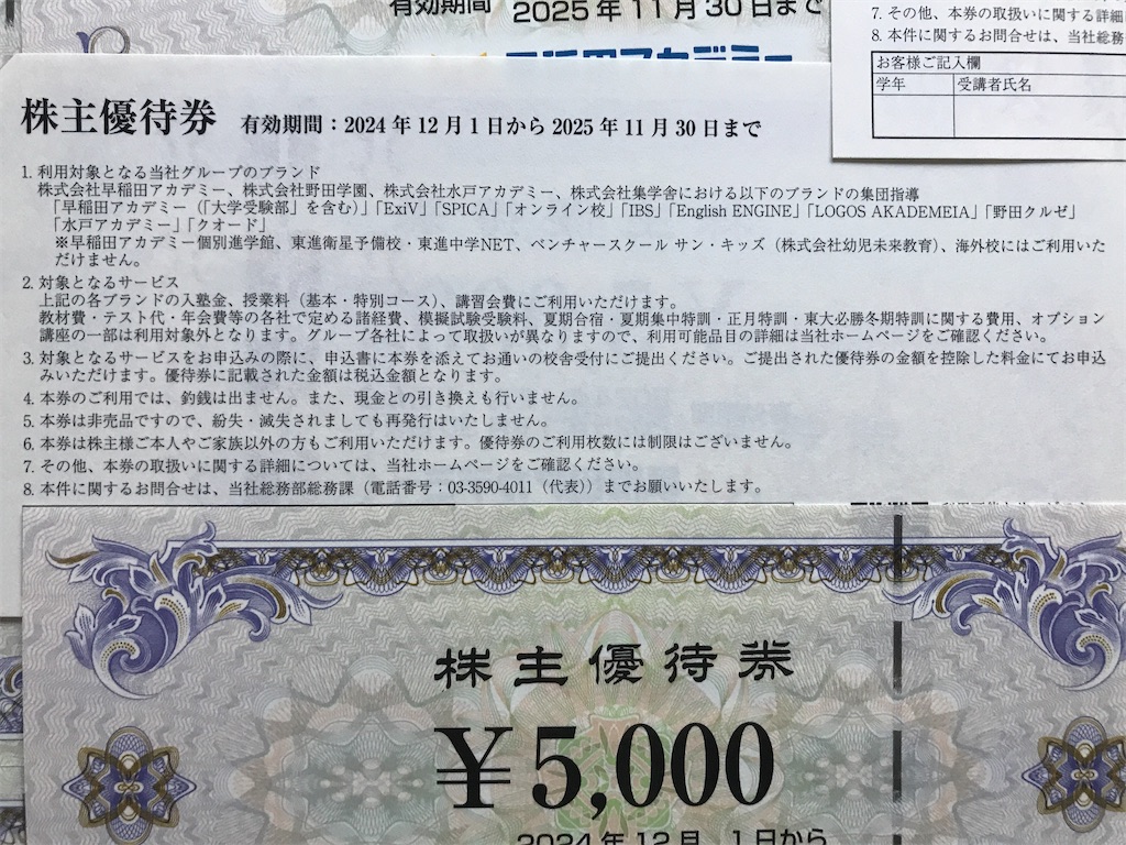 早稲田アカデミー 株主優待券 20000円分 2025年11月30日期限