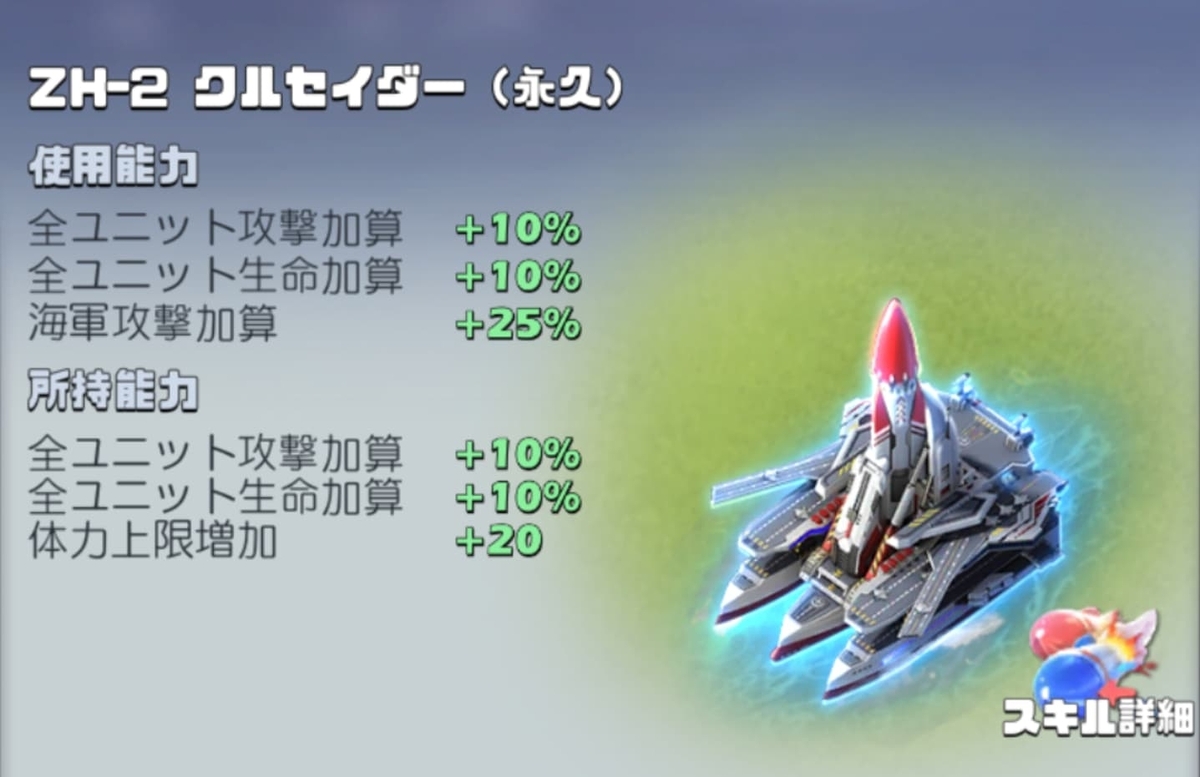 基地スキン「ZH-2 クルセイダー」の外観と能力が書いてあるスクリーンショットです。