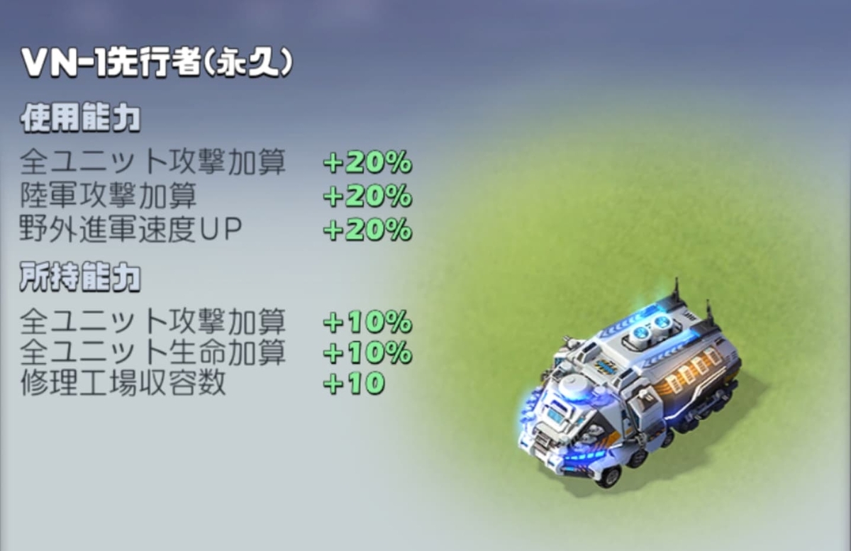 基地スキン「VN-1 先行者」の外観と能力が書いてあるスクリーンショットです。