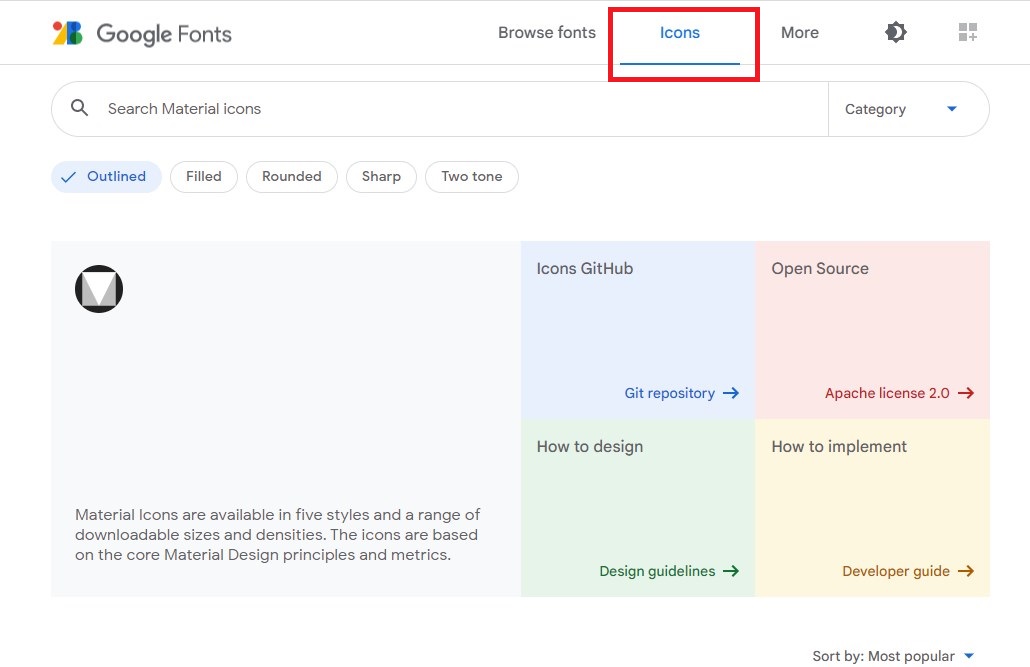 Googleフォントのアイコンタブ