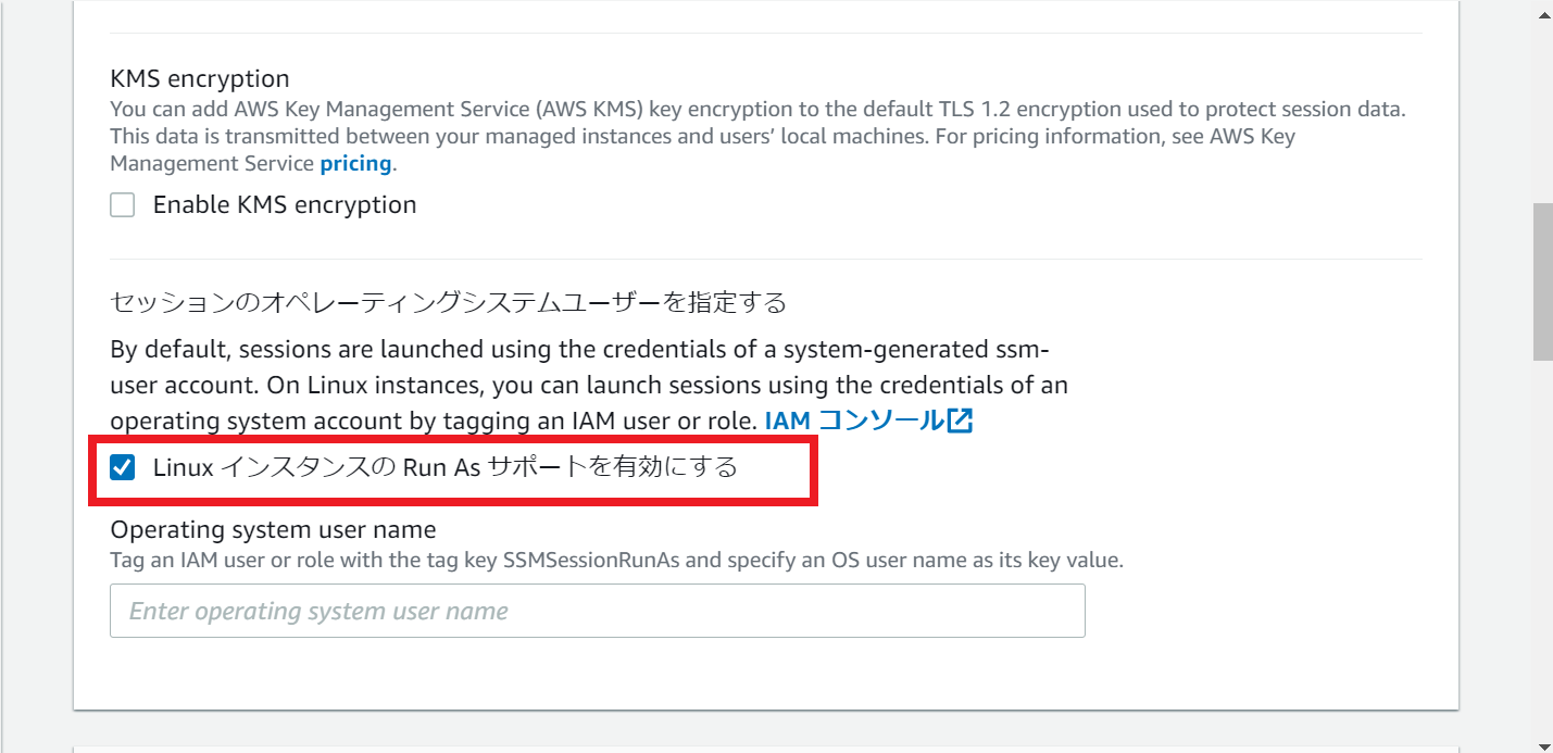 セッションマネージャーの設定画面、Linux インスタンスの Run As サポートを有効にする、にチェックを入れている